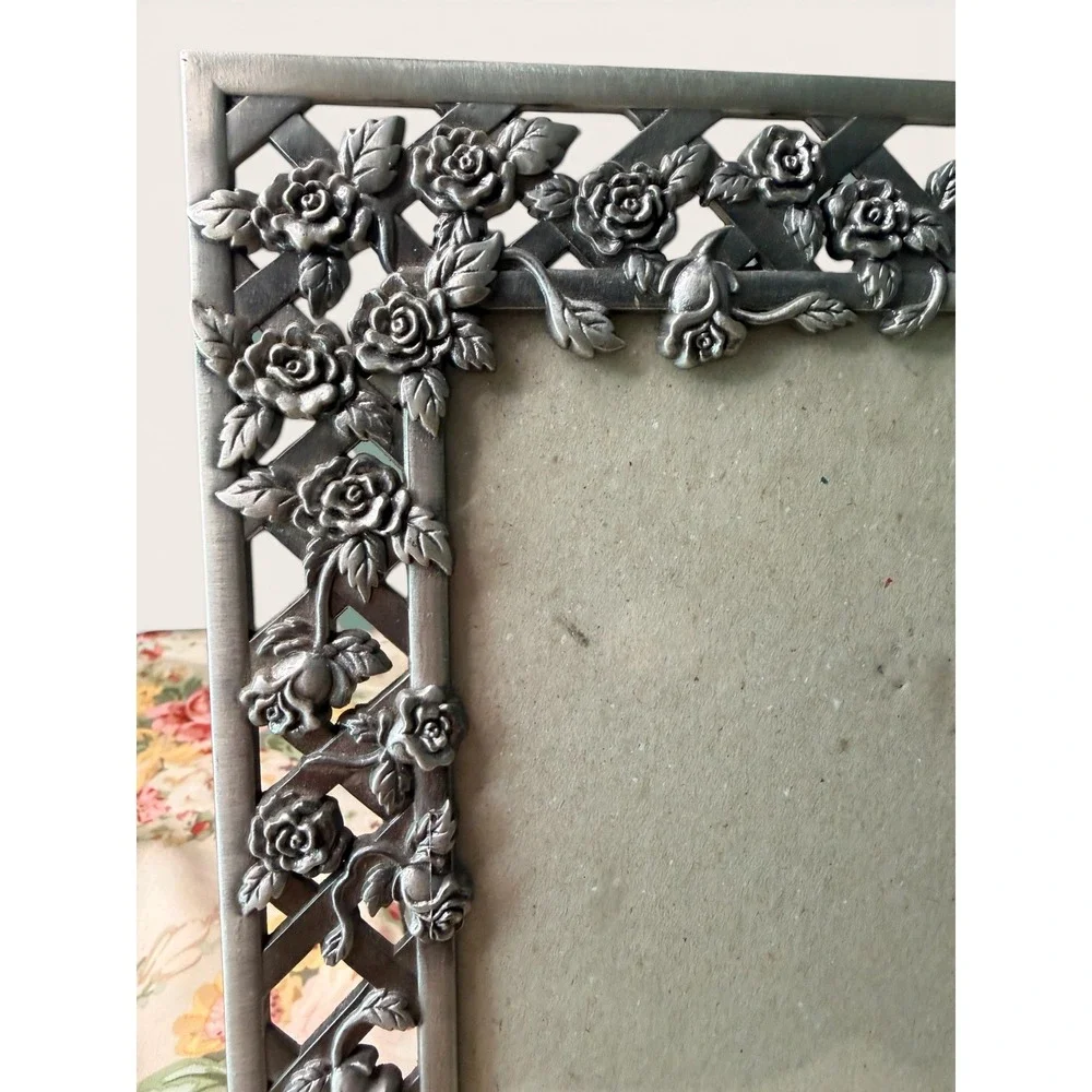 Vintage Style Pewter Tone Metal Rose Lattice Picture Frame Cottagecore  5x7
